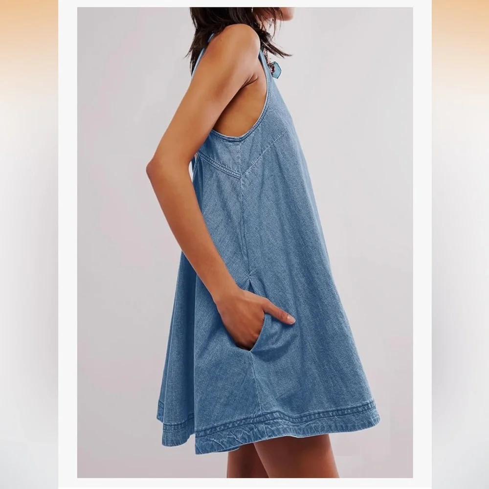 Light Blue Denim Back Cutout Mini Swing Dress - Picture 5 of 9